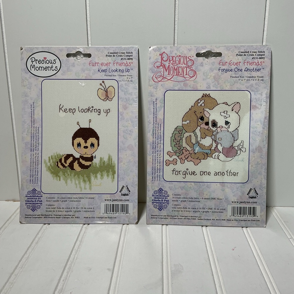 Precious Moments 2 Kits Cross Stitch Fur-Ever Friends Puppies, Caterpillar, Cat